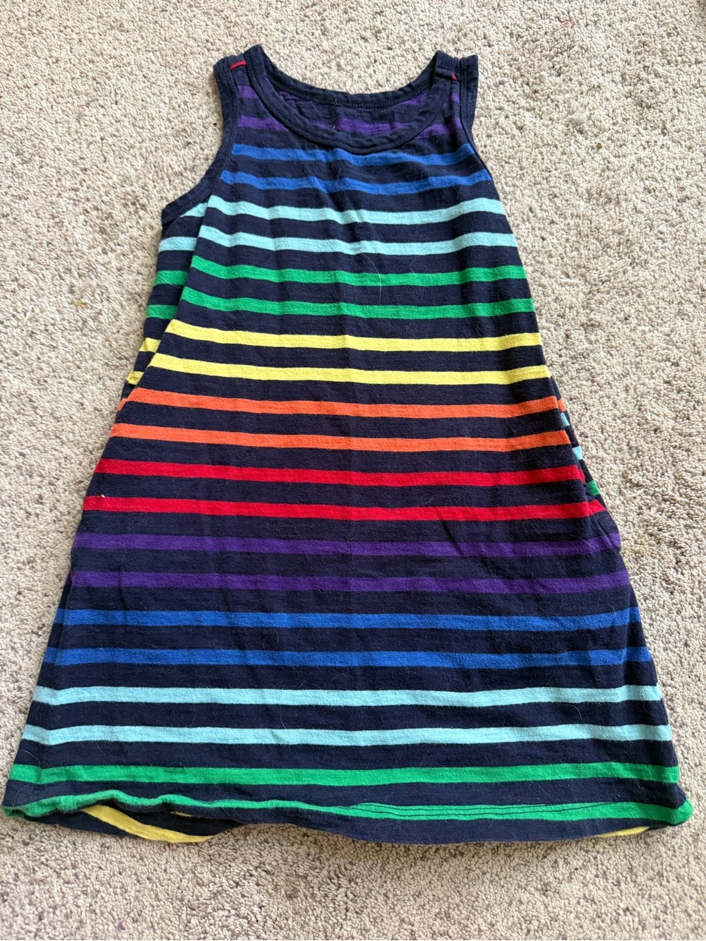 Primary Rainbow Stripe Tank Dress - Navy Base with Multicolor Stripes